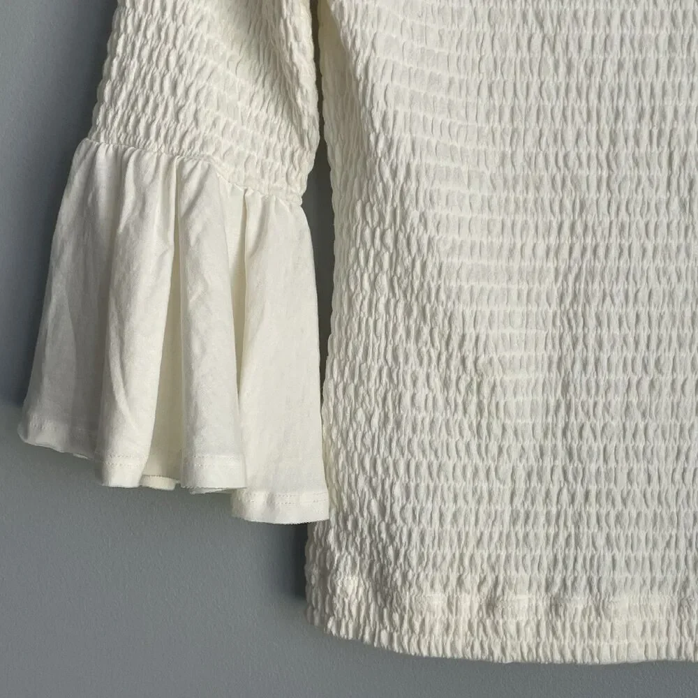 Anthropologie Smocked Bell Sleeve Top Size XS Cream Boho Chic Festival